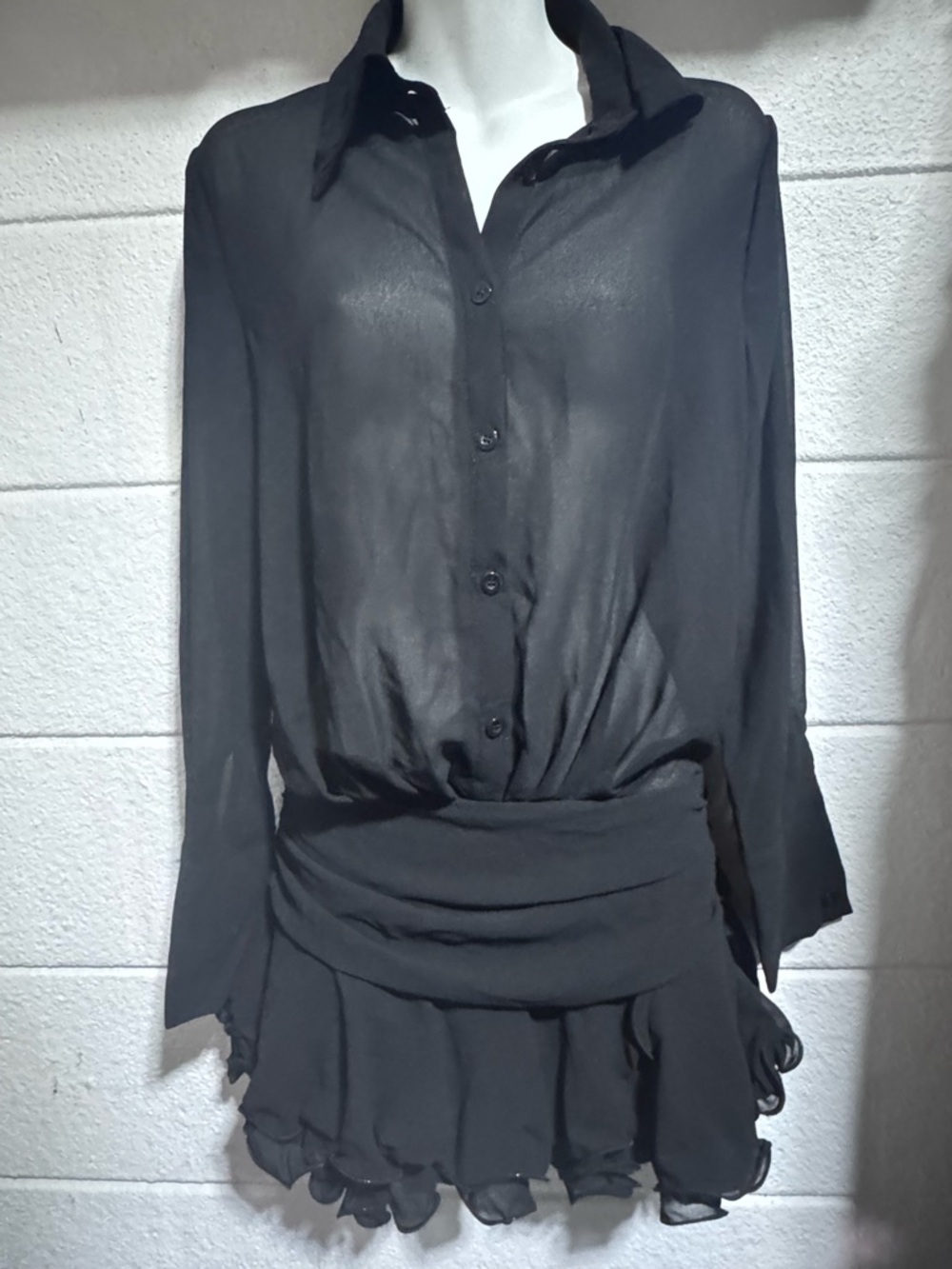 SHEIN Black Sheer Long-Sleeve Button Dress with Ruffle Hem